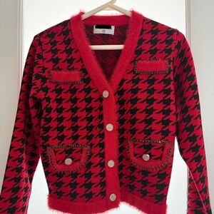Red and Black Houndstooth Cardigan